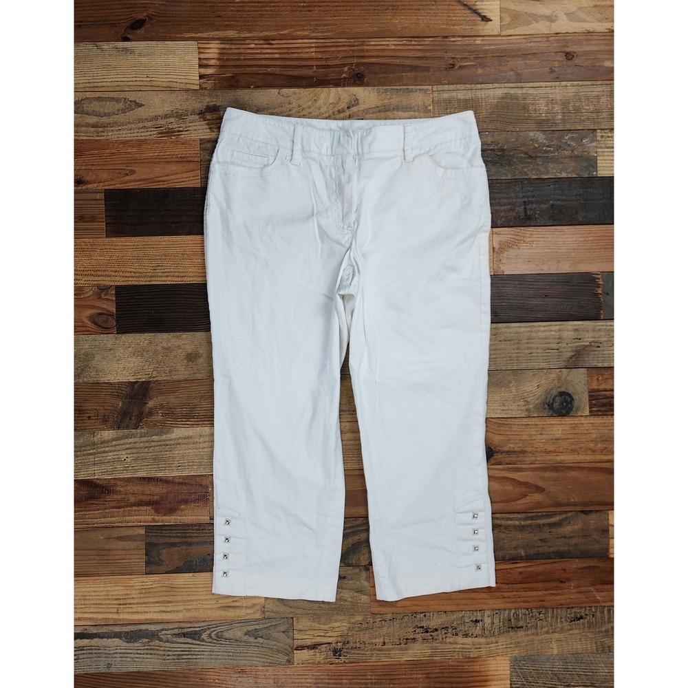 New Directions Womens White Studded Hem Capri Pants Size 6 Cotton Blend Cropped
